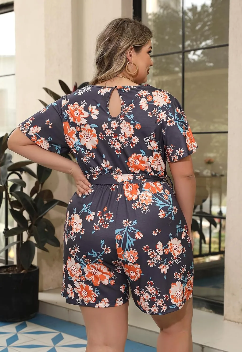 Nemidor Plus Size Casual Short Romper for Curvy Women Summer Stretchy Outfits Jumpsuit with Belt and Pocket 16-26