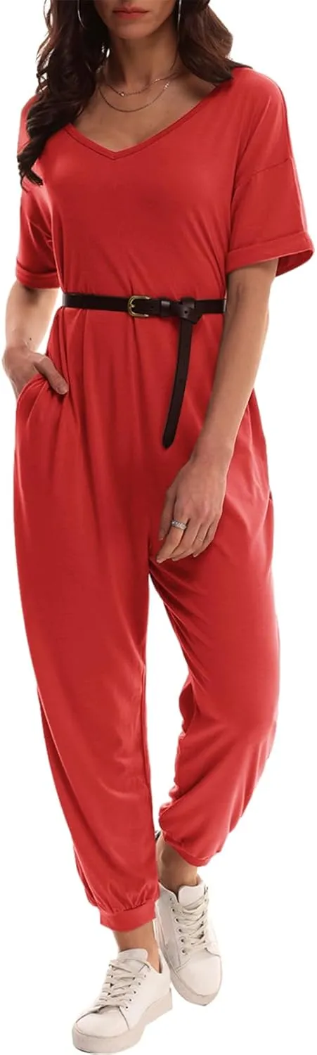 Nirovien Women's Solid Color V Neck Jumpsuits Casual Half Sleeve Long Rompers Beam Foot Baggy Overalls