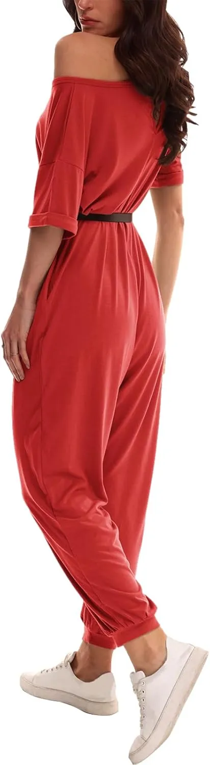 Nirovien Women's Solid Color V Neck Jumpsuits Casual Half Sleeve Long Rompers Beam Foot Baggy Overalls