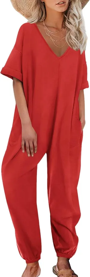 Nirovien Women's Solid Color V Neck Jumpsuits Casual Half Sleeve Long Rompers Beam Foot Baggy Overalls