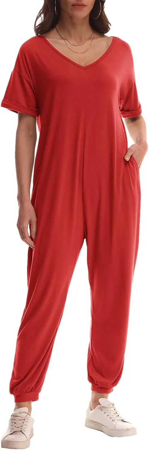 Nirovien Women's Solid Color V Neck Jumpsuits Casual Half Sleeve Long Rompers Beam Foot Baggy Overalls