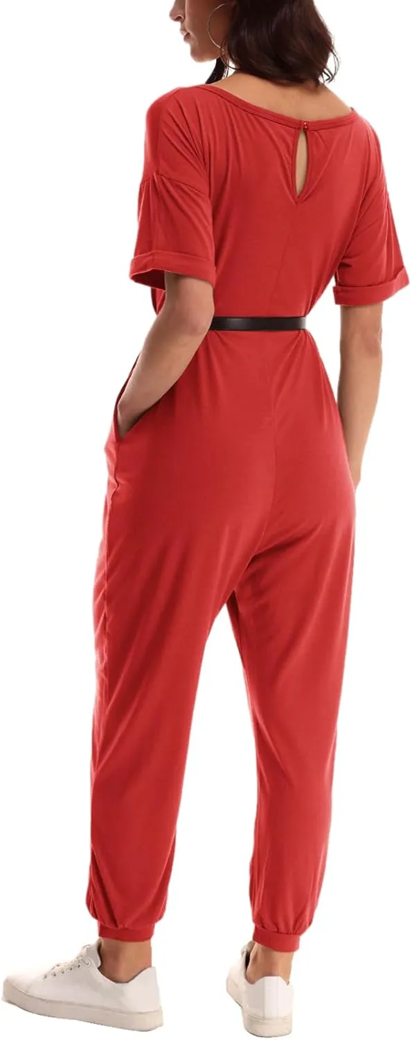 Nirovien Women's Solid Color V Neck Jumpsuits Casual Half Sleeve Long Rompers Beam Foot Baggy Overalls