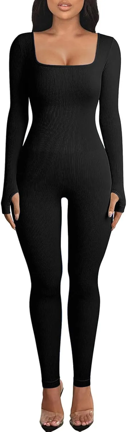 OEAK Womens Ribbed Jumpsuit with Tummy Control Long Sleeve Unitard Casual Yoga Rompers High Waisted One Piece Workout Bodycon