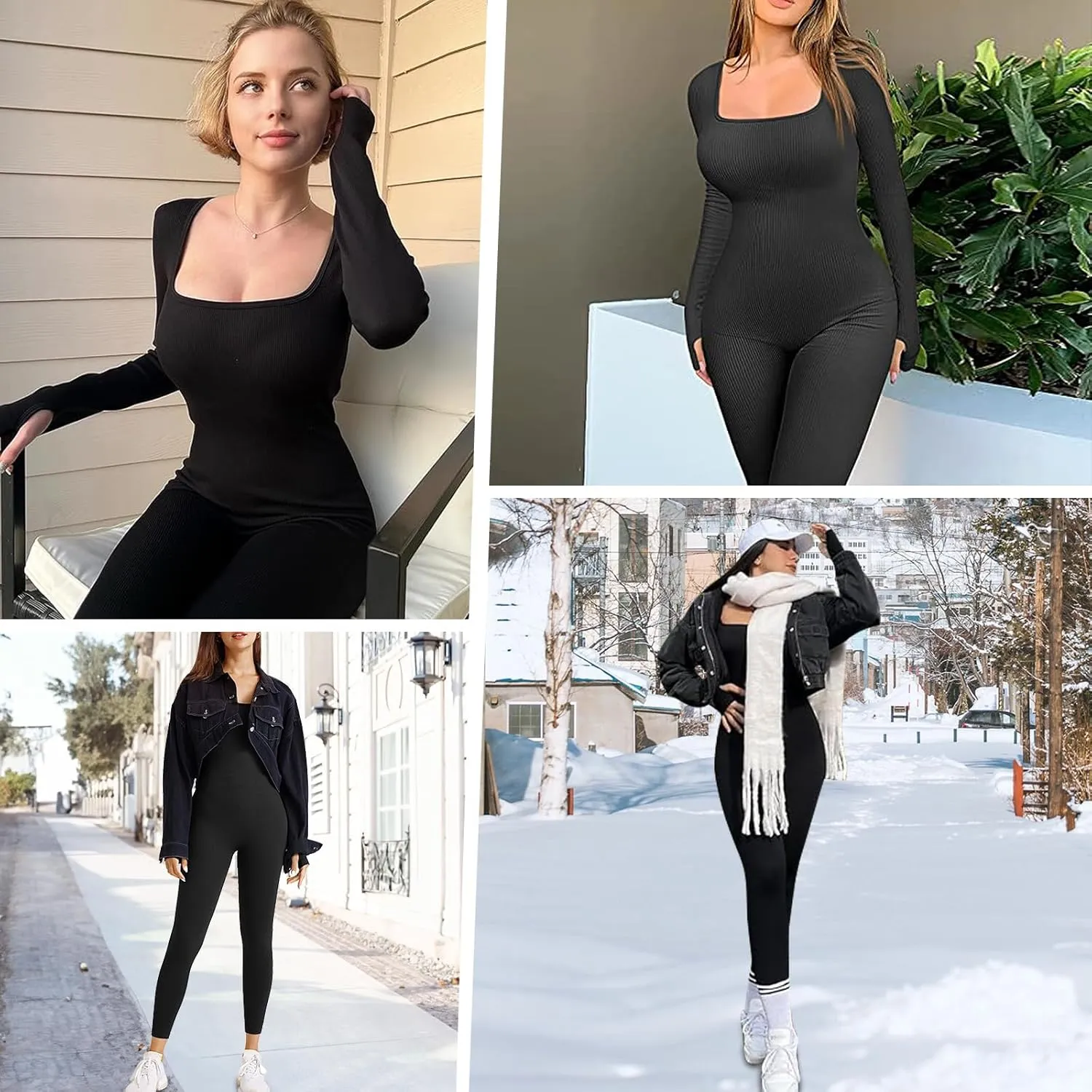 OEAK Womens Ribbed Jumpsuit with Tummy Control Long Sleeve Unitard Casual Yoga Rompers High Waisted One Piece Workout Bodycon