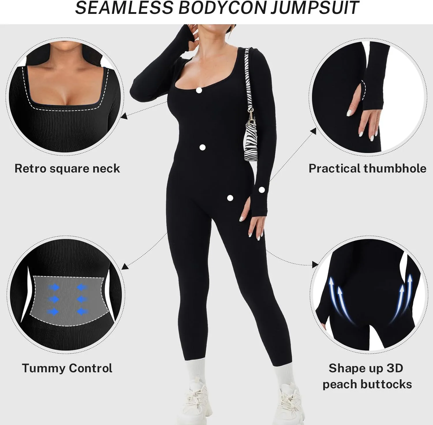 OEAK Womens Ribbed Jumpsuit with Tummy Control Long Sleeve Unitard Casual Yoga Rompers High Waisted One Piece Workout Bodycon