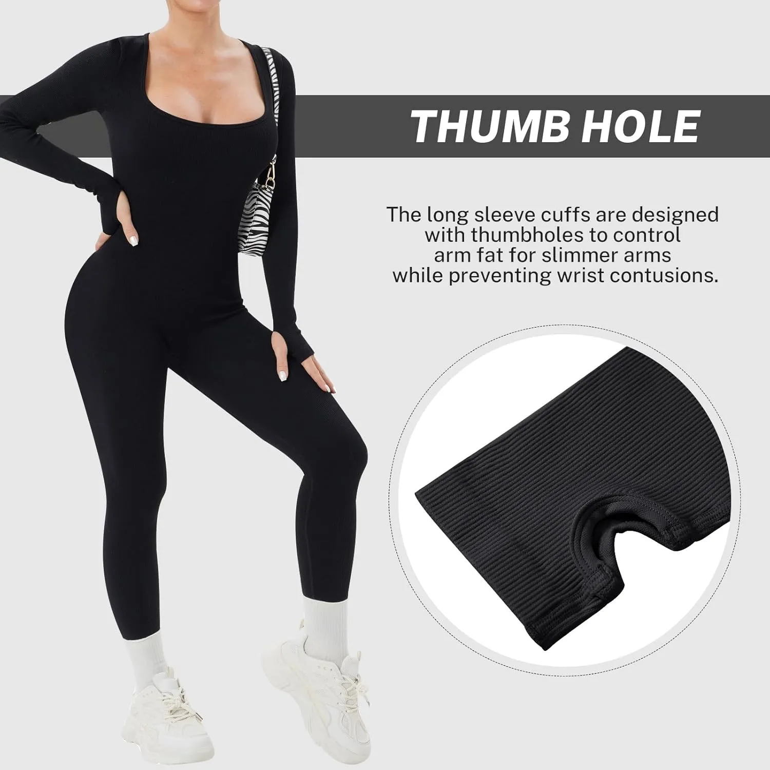 OEAK Womens Ribbed Jumpsuit with Tummy Control Long Sleeve Unitard Casual Yoga Rompers High Waisted One Piece Workout Bodycon