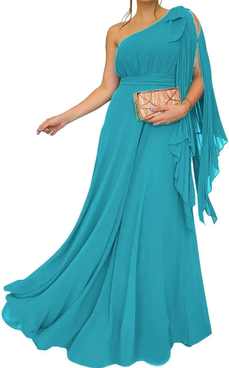 One Shoulder Country Bridesmaid Dresses Ruched Chiffon Prom Formal Evening Maxi Gowns with Slit EZ130