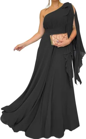 One Shoulder Country Bridesmaid Dresses Ruched Chiffon Prom Formal Evening Maxi Gowns with Slit EZ130