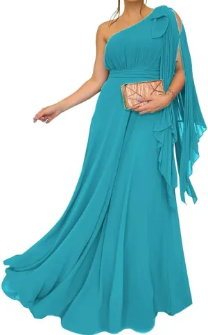 One Shoulder Country Bridesmaid Dresses Ruched Chiffon Prom Formal Evening Maxi Gowns with Slit EZ130