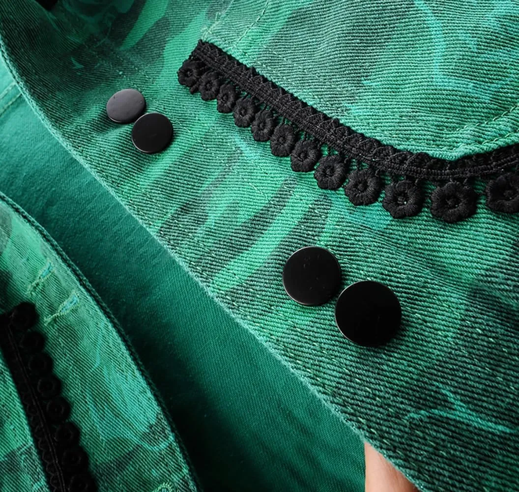 Only Faith Women's Long Sleeve Jean Coat Green Rose Print Cropped Denim Jacket