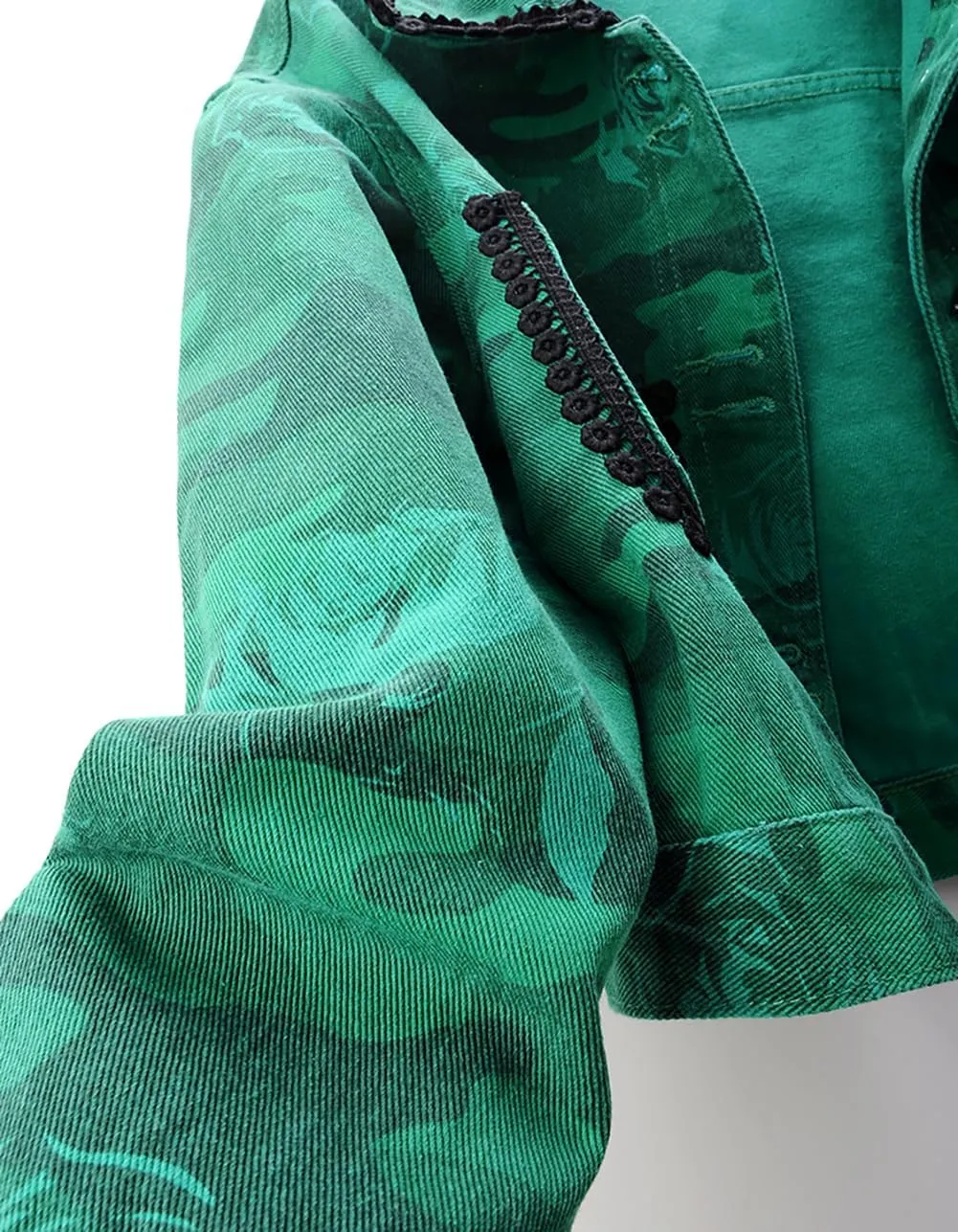 Only Faith Women's Long Sleeve Jean Coat Green Rose Print Cropped Denim Jacket