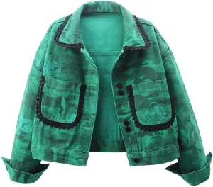 Only Faith Women's Long Sleeve Jean Coat Green Rose Print Cropped Denim Jacket