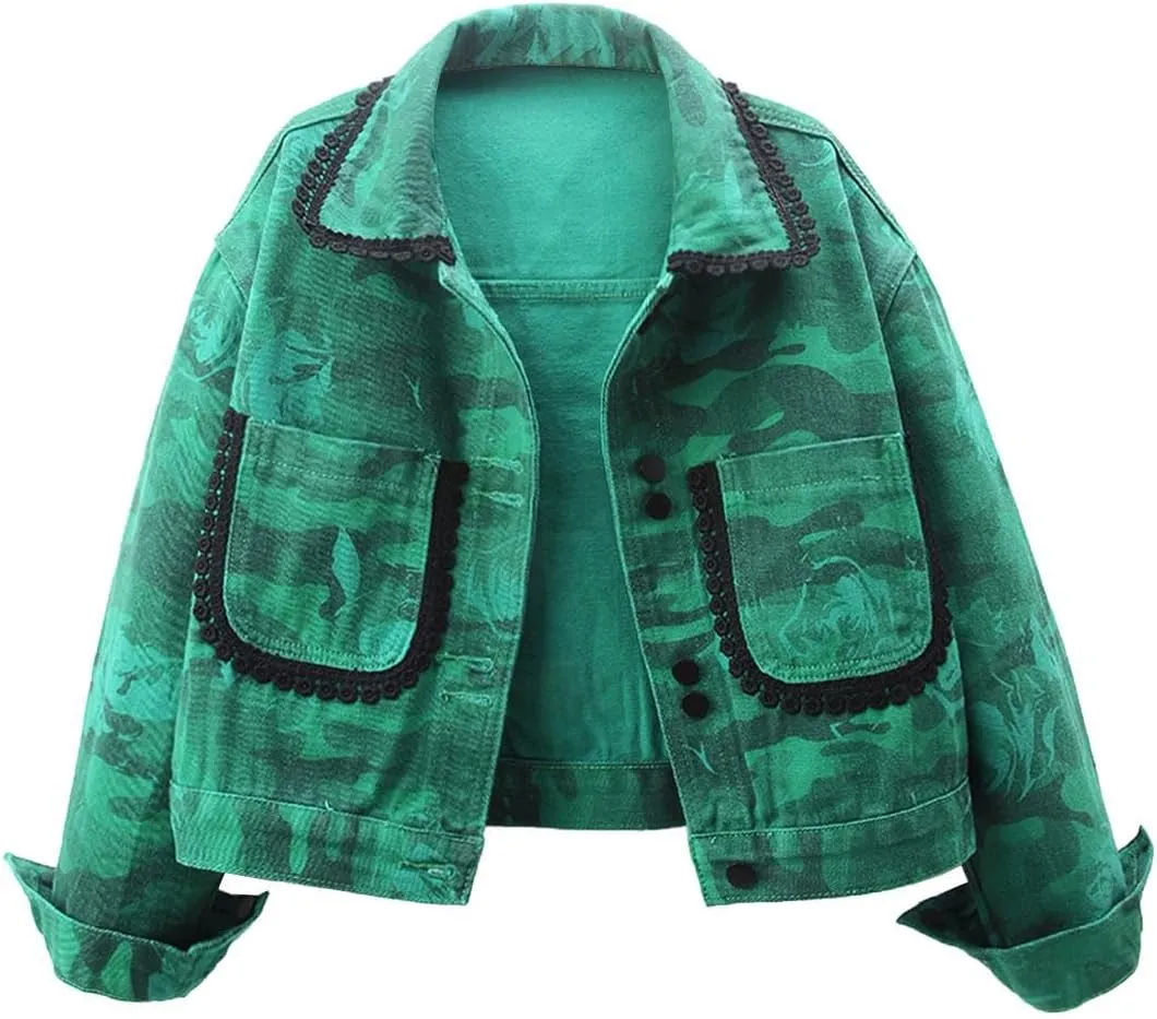 Only Faith Women's Long Sleeve Jean Coat Green Rose Print Cropped Denim Jacket