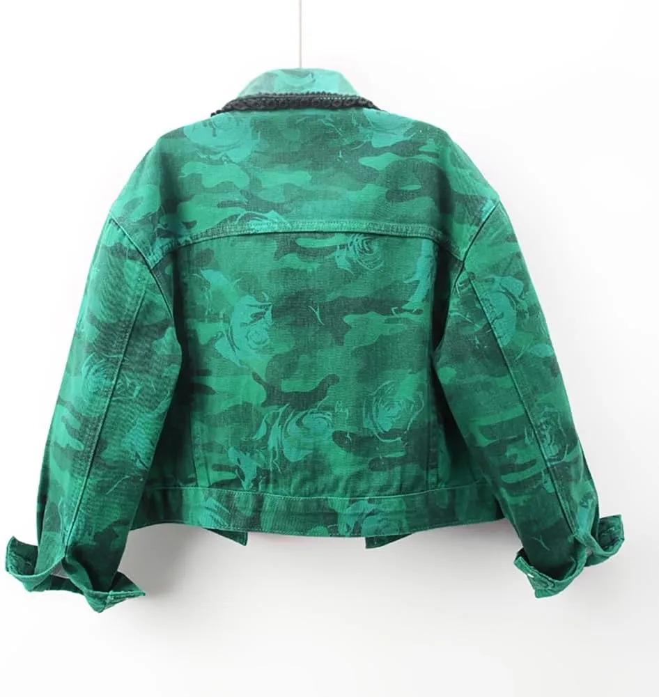 Only Faith Women's Long Sleeve Jean Coat Green Rose Print Cropped Denim Jacket
