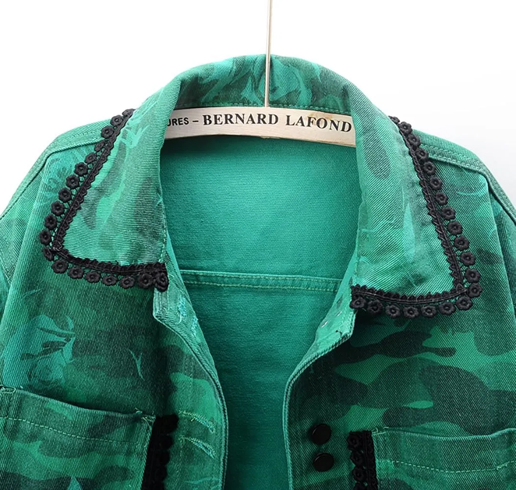 Only Faith Women's Long Sleeve Jean Coat Green Rose Print Cropped Denim Jacket