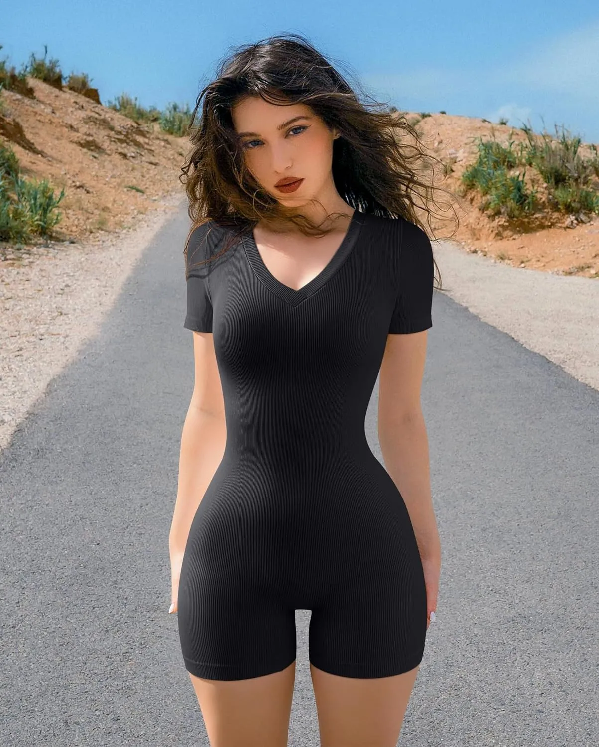 OQQ Women Rompers Short Sleeve V Neck Summer Casual Stretch Overalls Shorts Jumpsuit 2025 Clothes