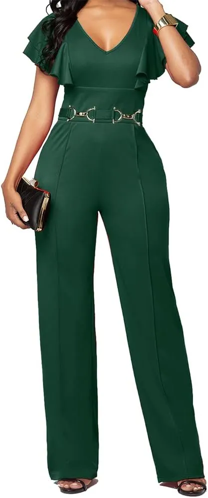 PDBQ Women's V-Neck Jumpsuit High Waist Short Sleeve Ruffled Loose Long Wide Leg Pants Suit