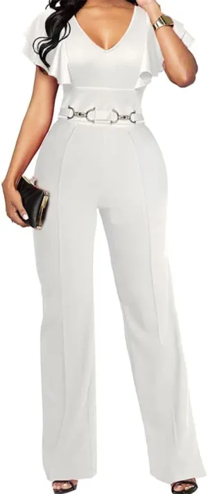 PDBQ Women's V-Neck Jumpsuit High Waist Short Sleeve Ruffled Loose Long Wide Leg Pants Suit