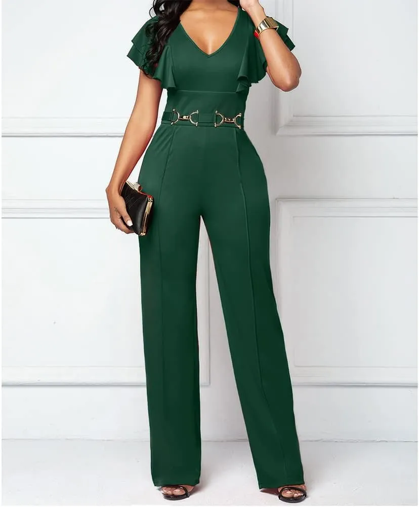 PDBQ Women's V-Neck Jumpsuit High Waist Short Sleeve Ruffled Loose Long Wide Leg Pants Suit