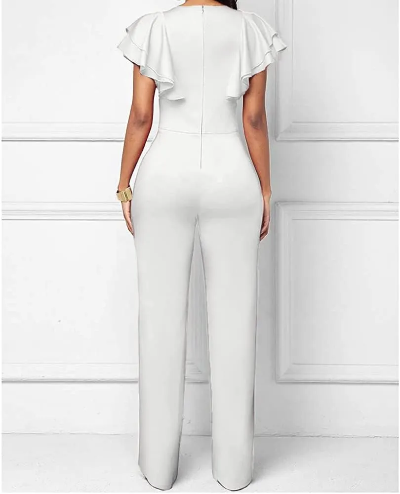 PDBQ Women's V-Neck Jumpsuit High Waist Short Sleeve Ruffled Loose Long Wide Leg Pants Suit