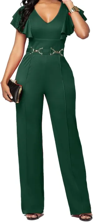 PDBQ Women's V-Neck Jumpsuit High Waist Short Sleeve Ruffled Loose Long Wide Leg Pants Suit