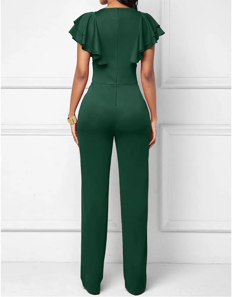 PDBQ Women's V-Neck Jumpsuit High Waist Short Sleeve Ruffled Loose Long Wide Leg Pants Suit