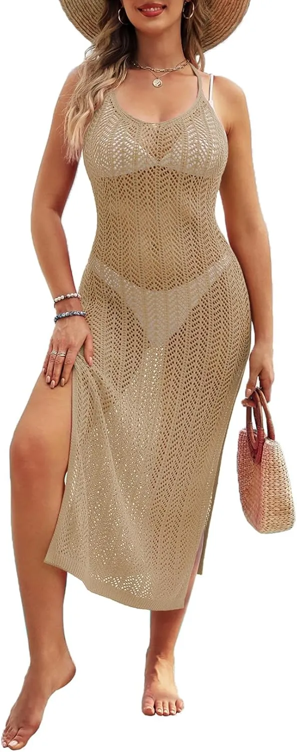 Pink Queen 2025 Crochet Cover Ups for Swimwear Women Halter Hollow Out Swimsuit Coverup Sexy Backless Bikini Beach Maxi Dress