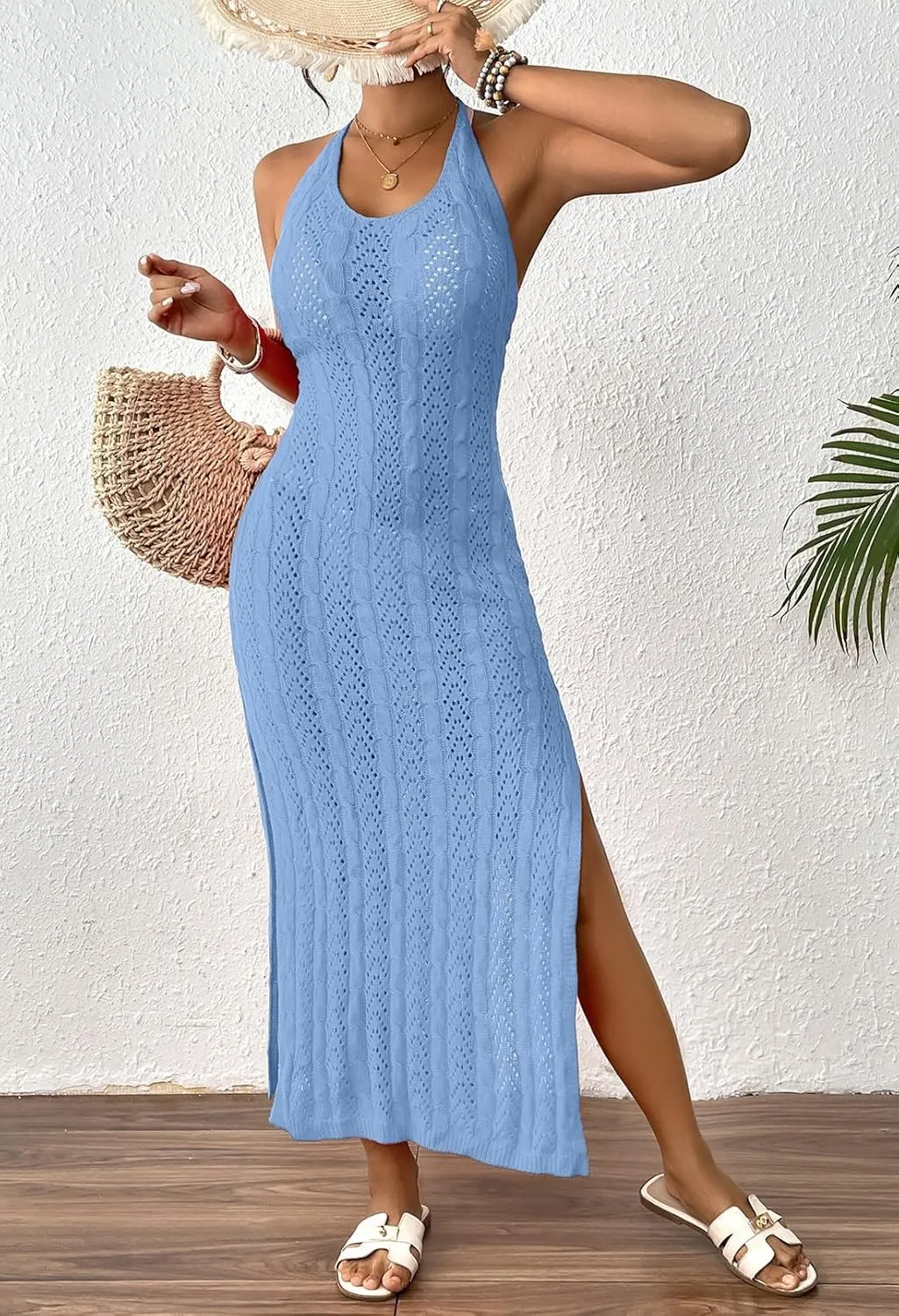 Pink Queen 2025 Crochet Cover Ups for Swimwear Women Halter Hollow Out Swimsuit Coverup Sexy Backless Bikini Beach Maxi Dress