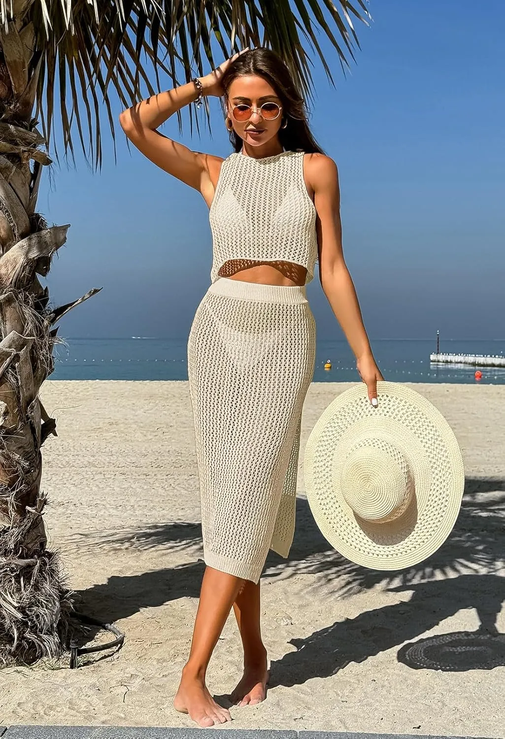 Pink Queen Women 2 Piece Swimsuit Crochet Hollow Out Swim Cover Up Bikini Swimwear Knit Mesh Tunic Beach Dress Side Slit