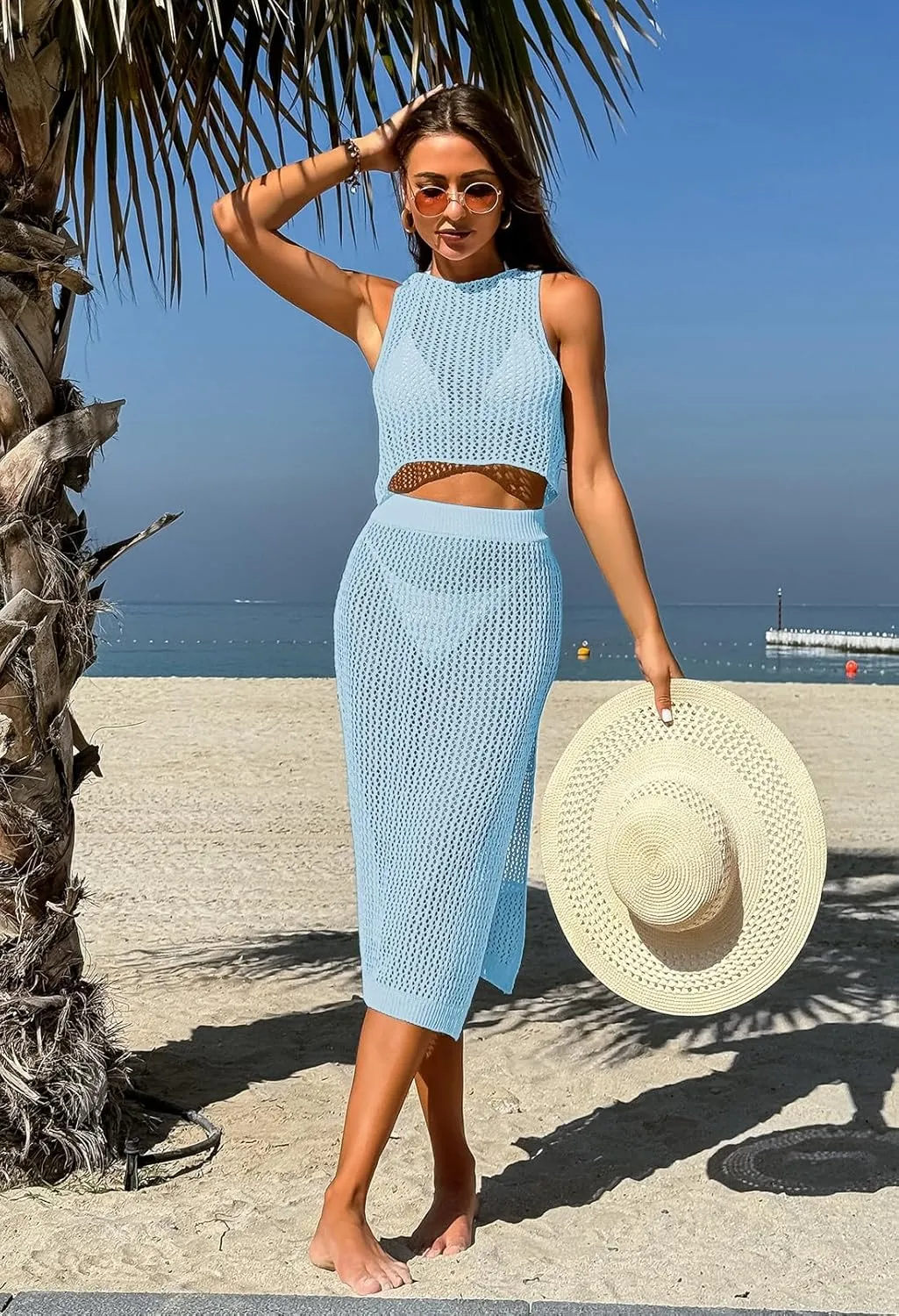 Pink Queen Women 2 Piece Swimsuit Crochet Hollow Out Swim Cover Up Bikini Swimwear Knit Mesh Tunic Beach Dress Side Slit