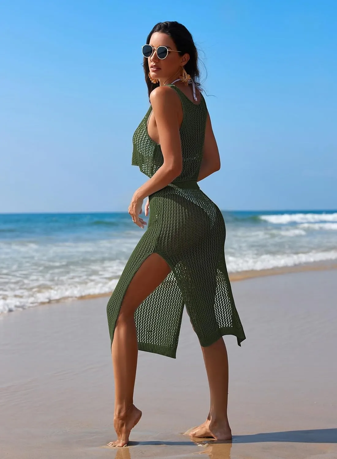 Pink Queen Women 2 Piece Swimsuit Crochet Hollow Out Swim Cover Up Bikini Swimwear Knit Mesh Tunic Beach Dress Side Slit