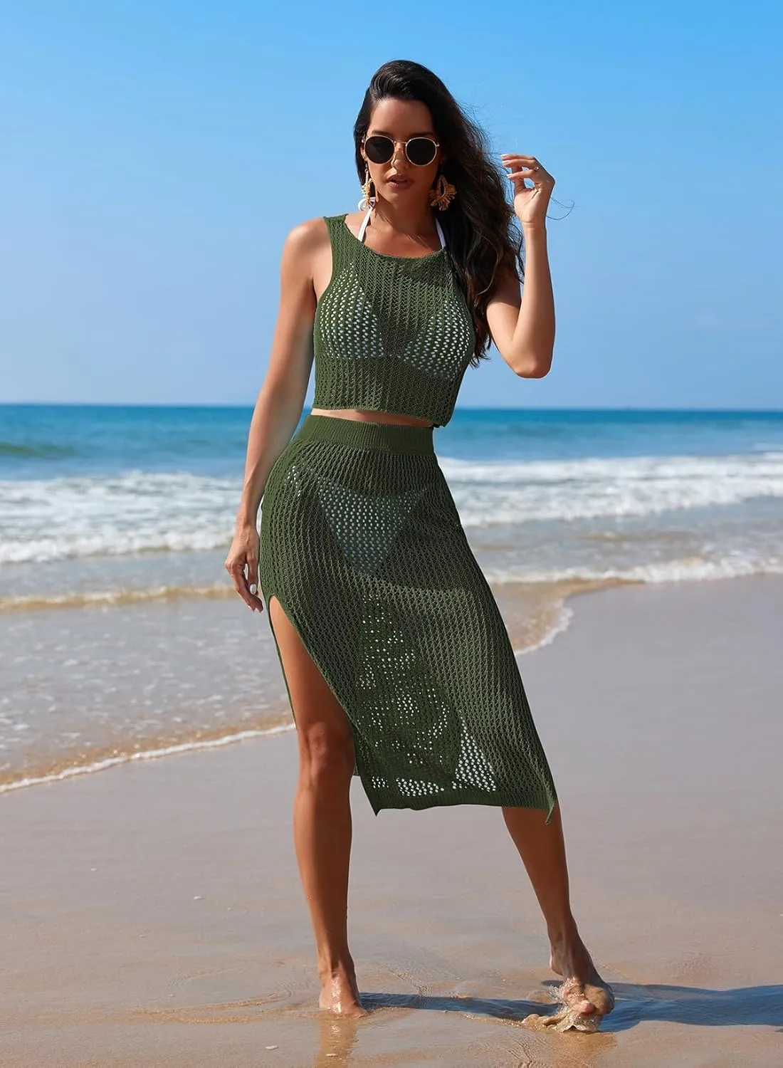 Pink Queen Women 2 Piece Swimsuit Crochet Hollow Out Swim Cover Up Bikini Swimwear Knit Mesh Tunic Beach Dress Side Slit
