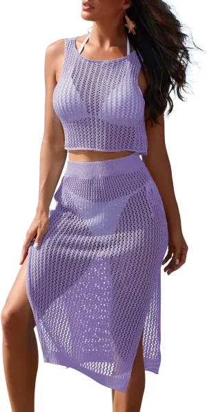 Pink Queen Women 2 Piece Swimsuit Crochet Hollow Out Swim Cover Up Bikini Swimwear Knit Mesh Tunic Beach Dress Side Slit