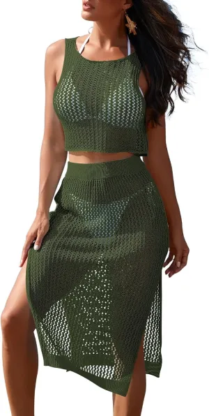 Pink Queen Women 2 Piece Swimsuit Crochet Hollow Out Swim Cover Up Bikini Swimwear Knit Mesh Tunic Beach Dress Side Slit