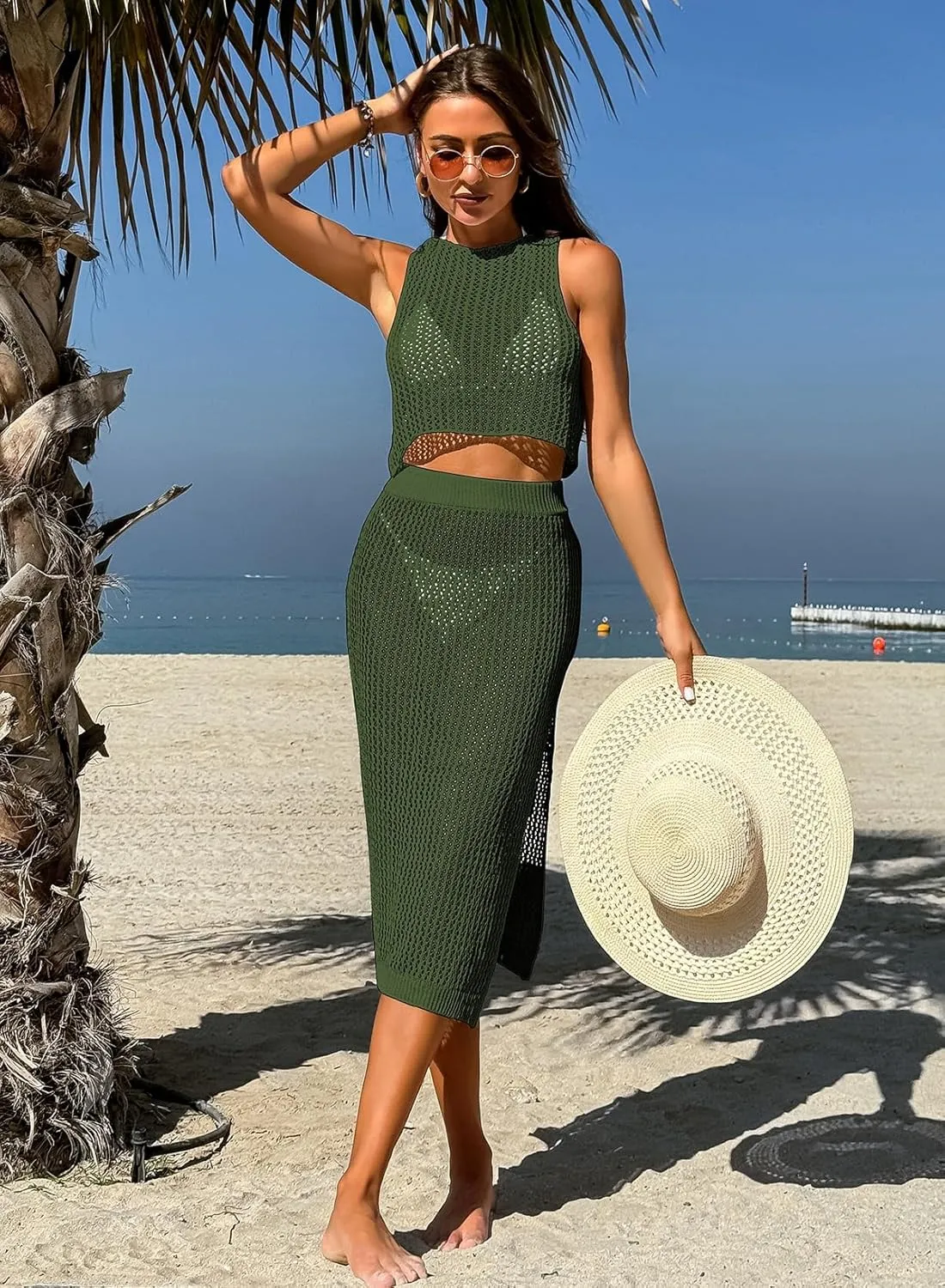Pink Queen Women 2 Piece Swimsuit Crochet Hollow Out Swim Cover Up Bikini Swimwear Knit Mesh Tunic Beach Dress Side Slit