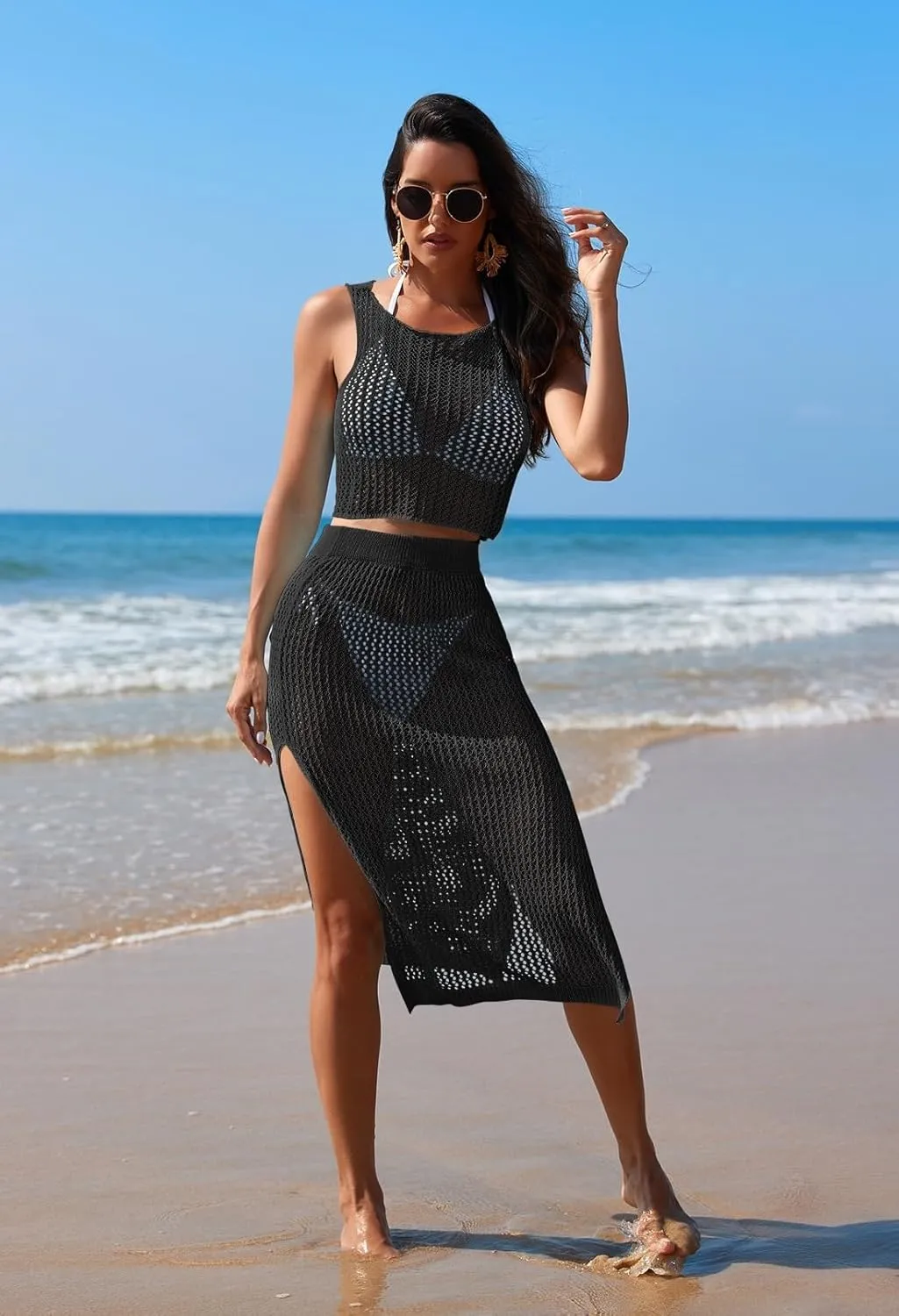 Pink Queen Women 2 Piece Swimsuit Crochet Hollow Out Swim Cover Up Bikini Swimwear Knit Mesh Tunic Beach Dress Side Slit