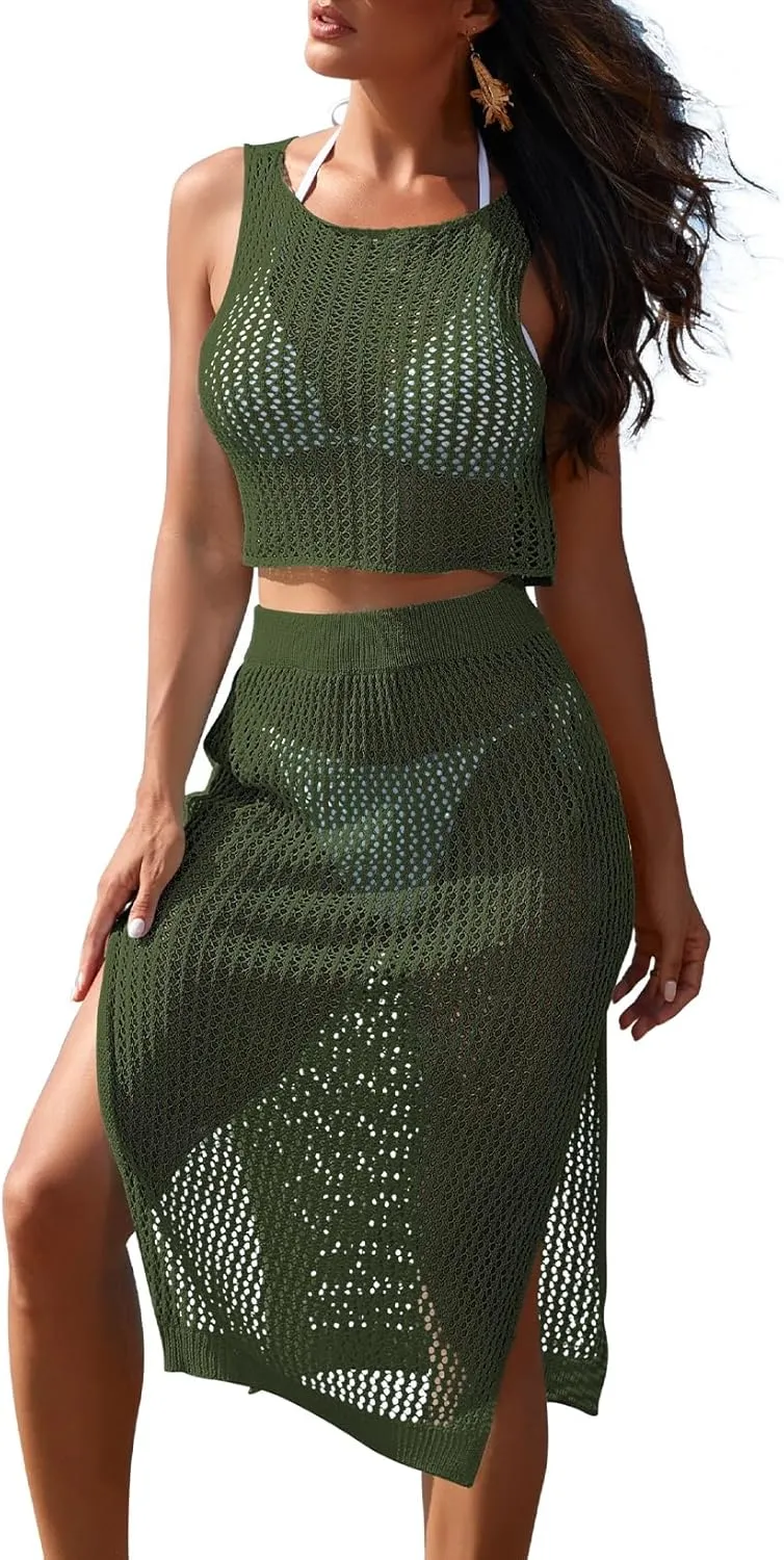 Pink Queen Women 2 Piece Swimsuit Crochet Hollow Out Swim Cover Up Bikini Swimwear Knit Mesh Tunic Beach Dress Side Slit