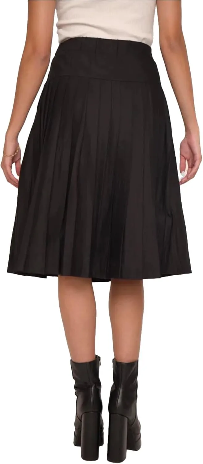 Pleated Midi Skirt with Pockets, High Waist A-Line, Side Zipper, in Black and Blue