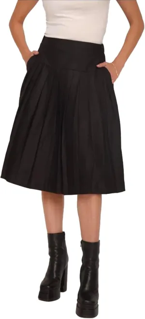 Pleated Midi Skirt with Pockets, High Waist A-Line, Side Zipper, in Black and Blue