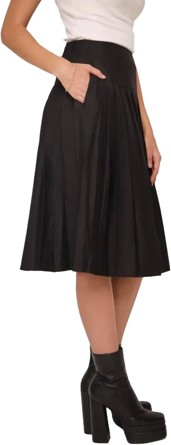 Pleated Midi Skirt with Pockets, High Waist A-Line, Side Zipper, in Black and Blue