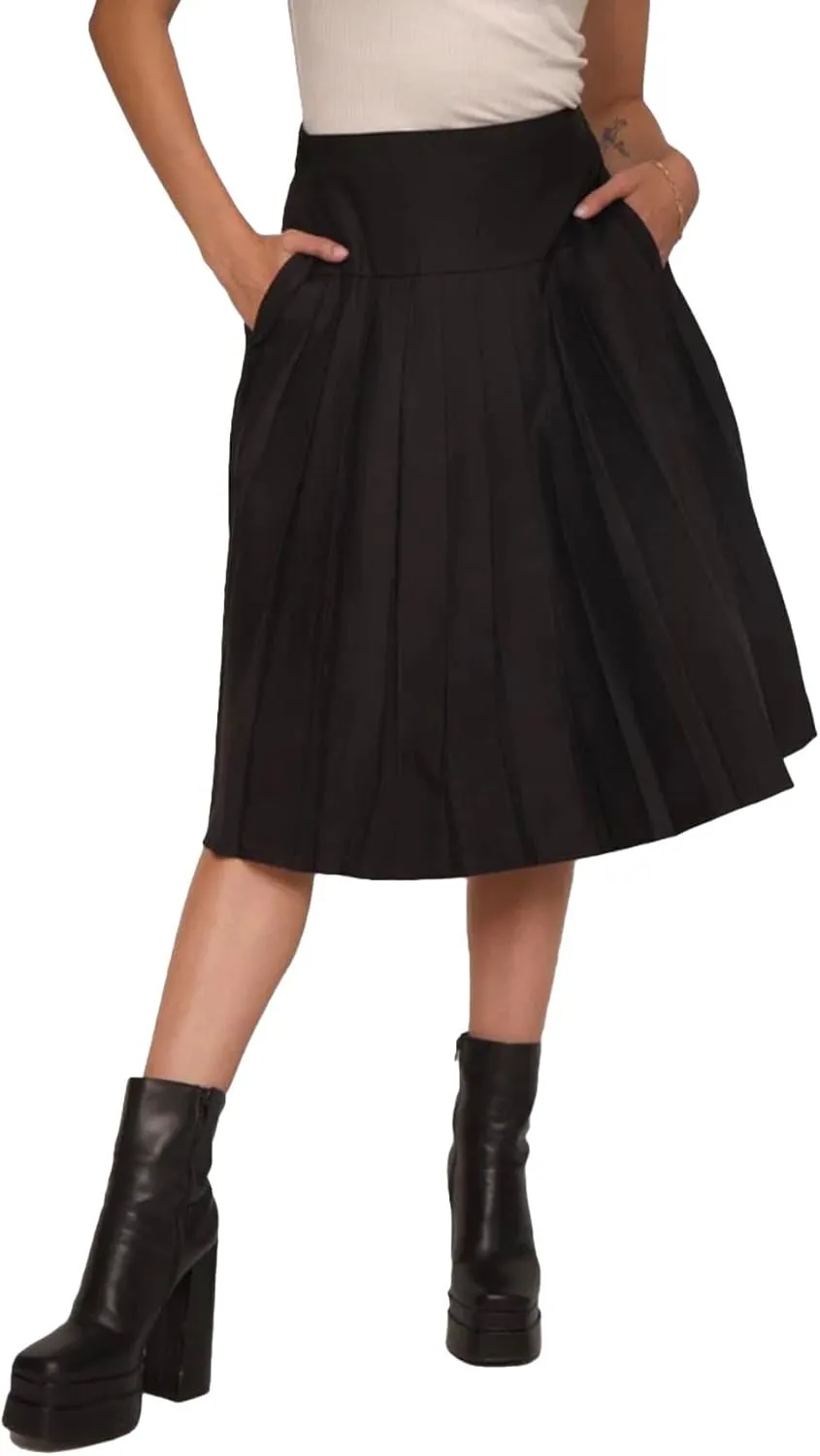 Pleated Midi Skirt with Pockets, High Waist A-Line, Side Zipper, in Black and Blue
