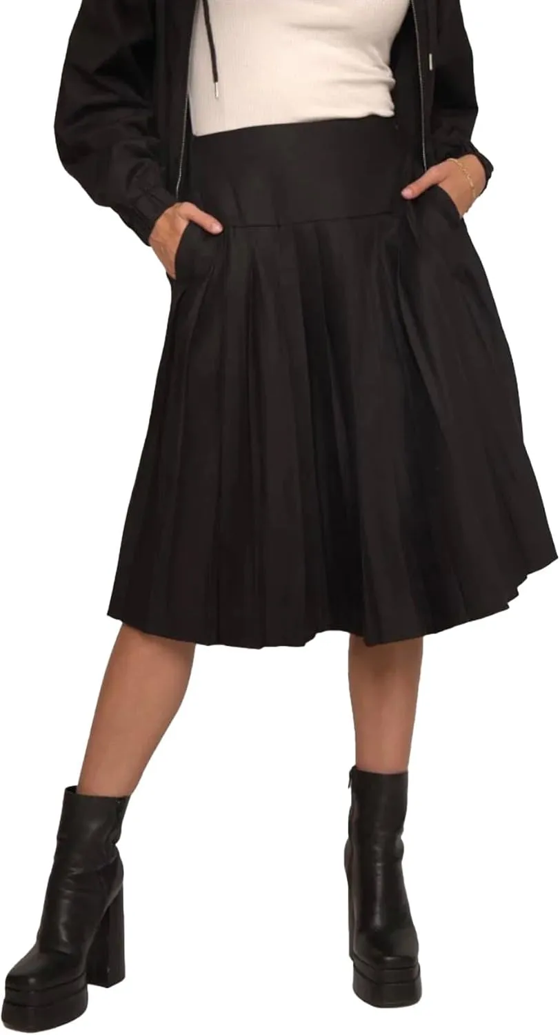 Pleated Midi Skirt with Pockets, High Waist A-Line, Side Zipper, in Black and Blue