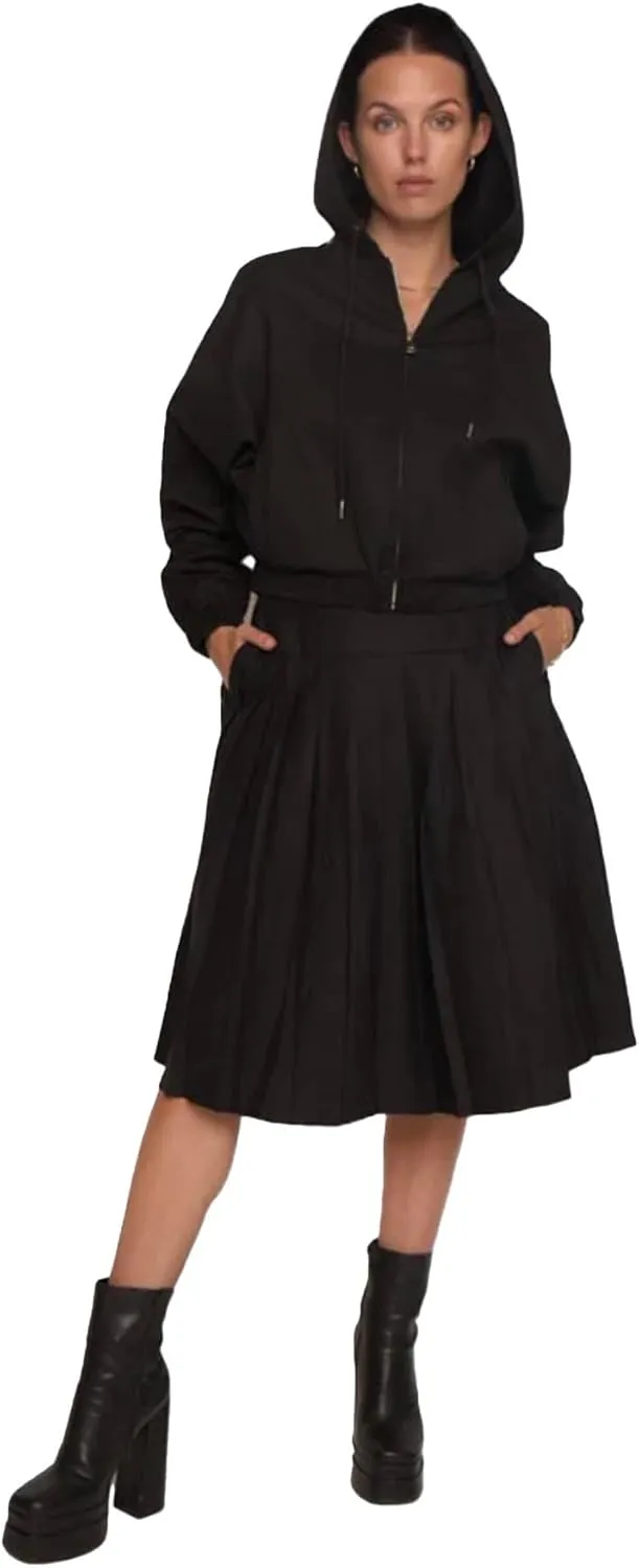 Pleated Midi Skirt with Pockets, High Waist A-Line, Side Zipper, in Black and Blue