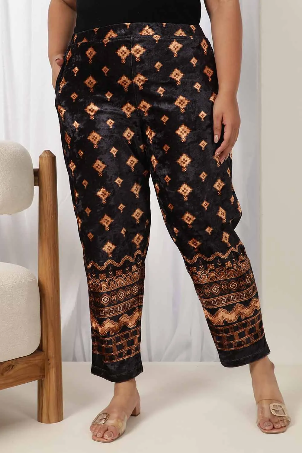 Plus Size Black Printed Velvet Pant 1