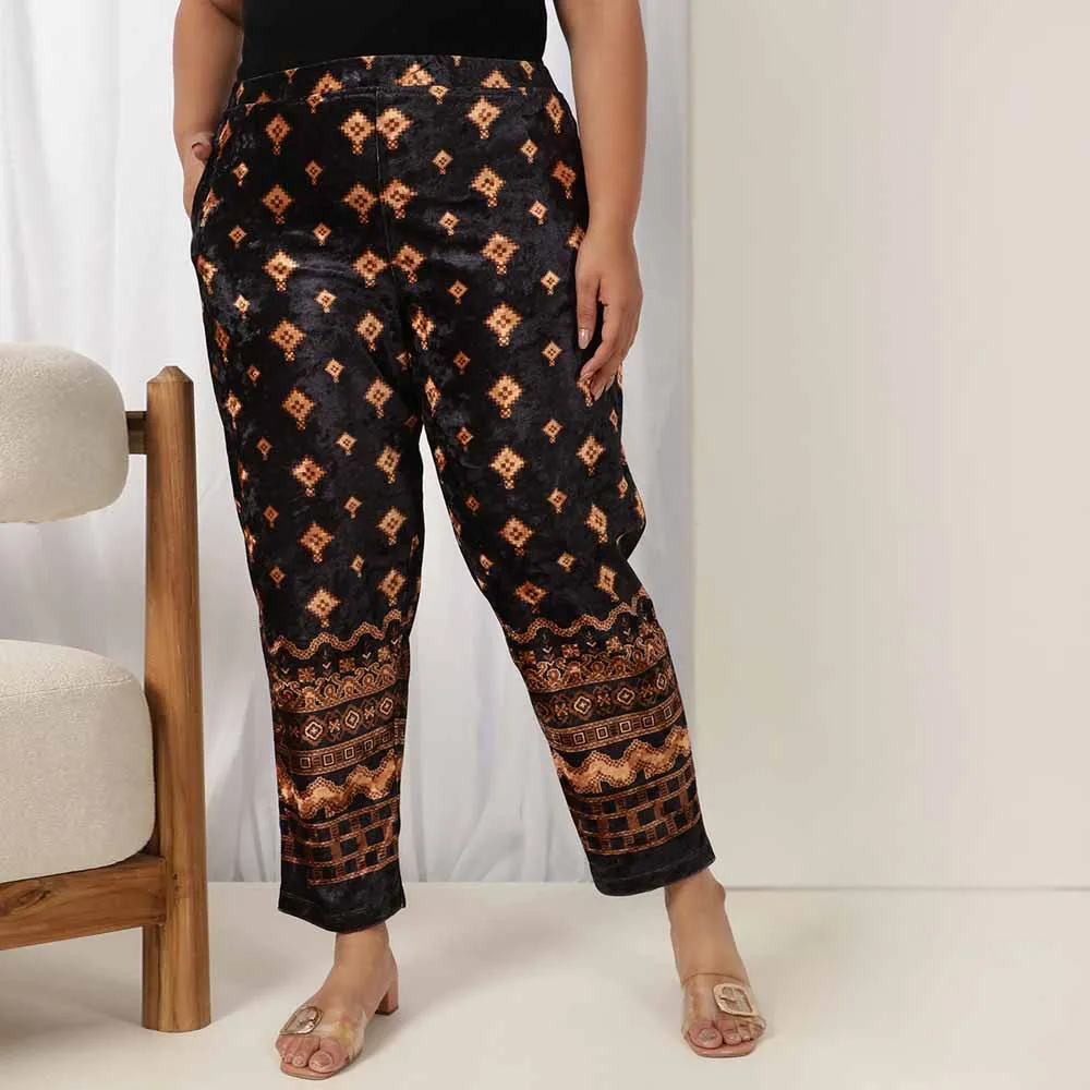 Plus Size Black Printed Velvet Pant 1