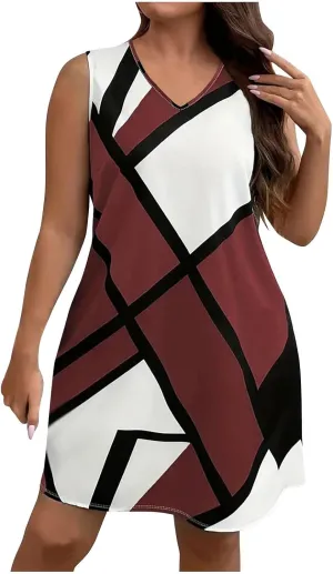 Plus Size Summer Sleeveless Midi Dress for Women, Fashion Geometric Print Loose V-Neck Breathable Vacation Clothes