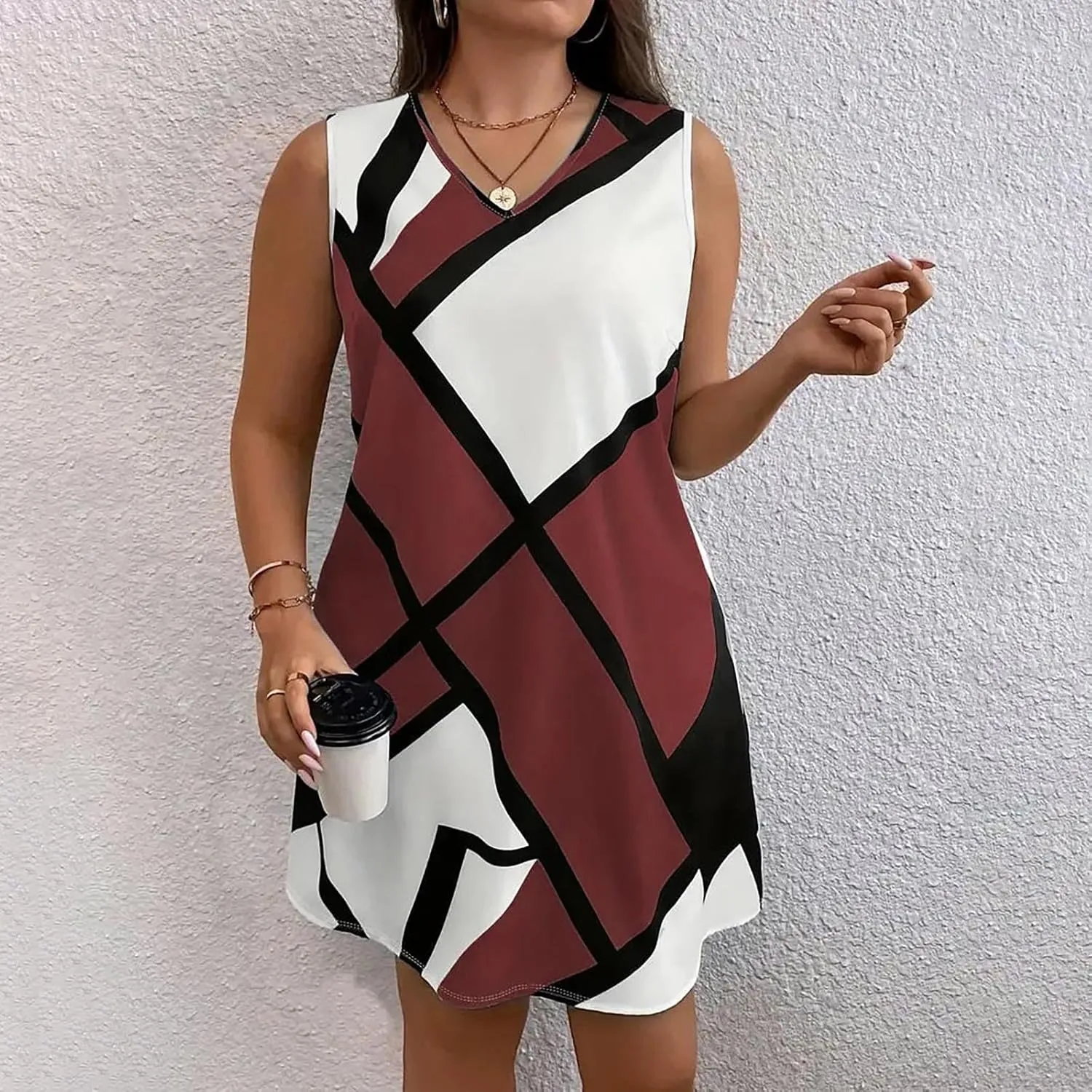 Plus Size Summer Sleeveless Midi Dress for Women, Fashion Geometric Print Loose V-Neck Breathable Vacation Clothes