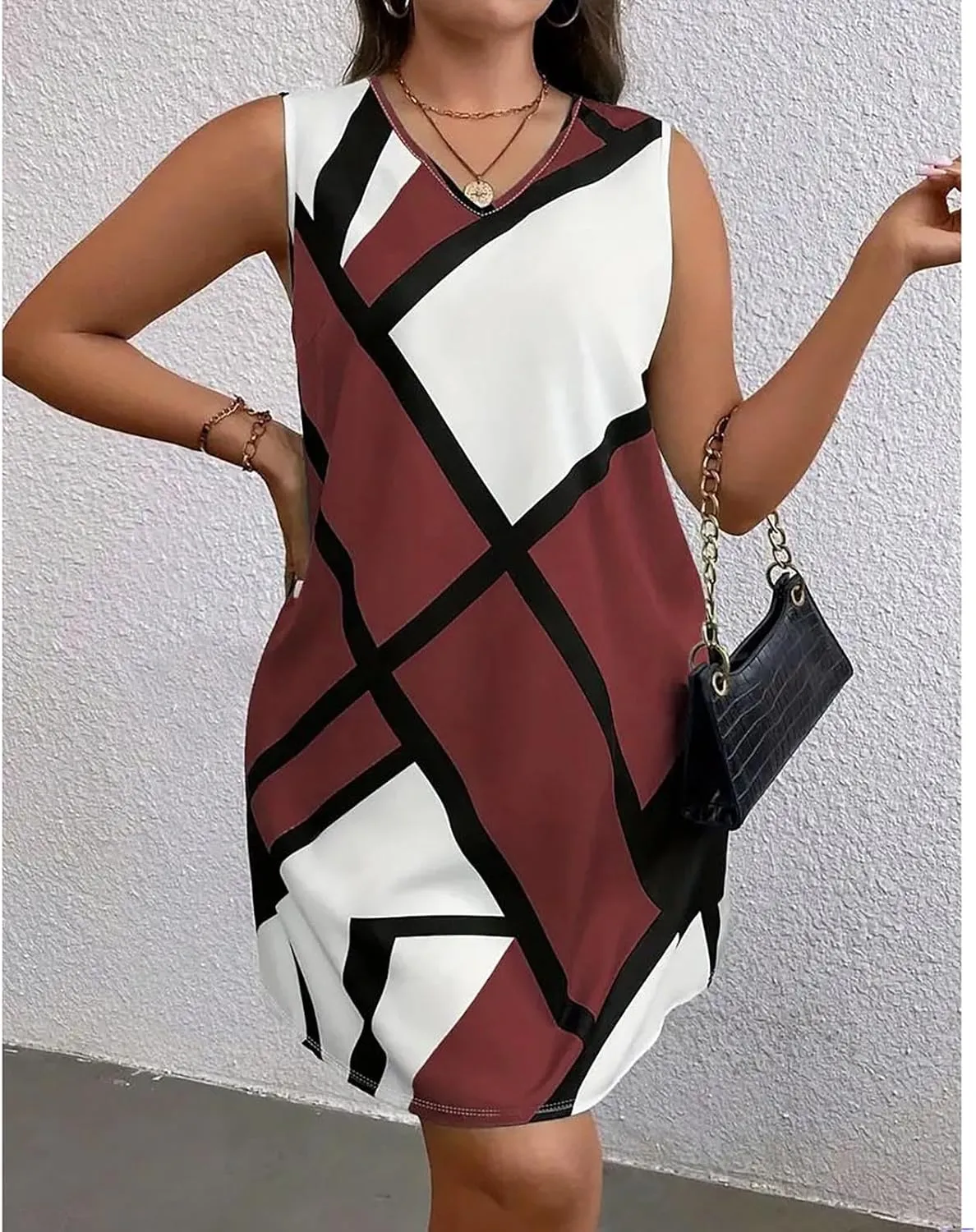 Plus Size Summer Sleeveless Midi Dress for Women, Fashion Geometric Print Loose V-Neck Breathable Vacation Clothes