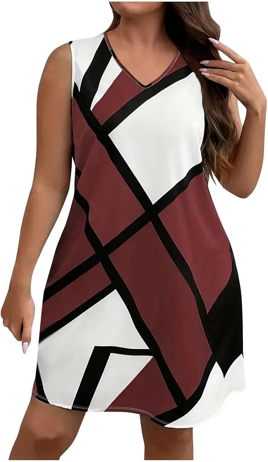 Plus Size Summer Sleeveless Midi Dress for Women, Fashion Geometric Print Loose V-Neck Breathable Vacation Clothes