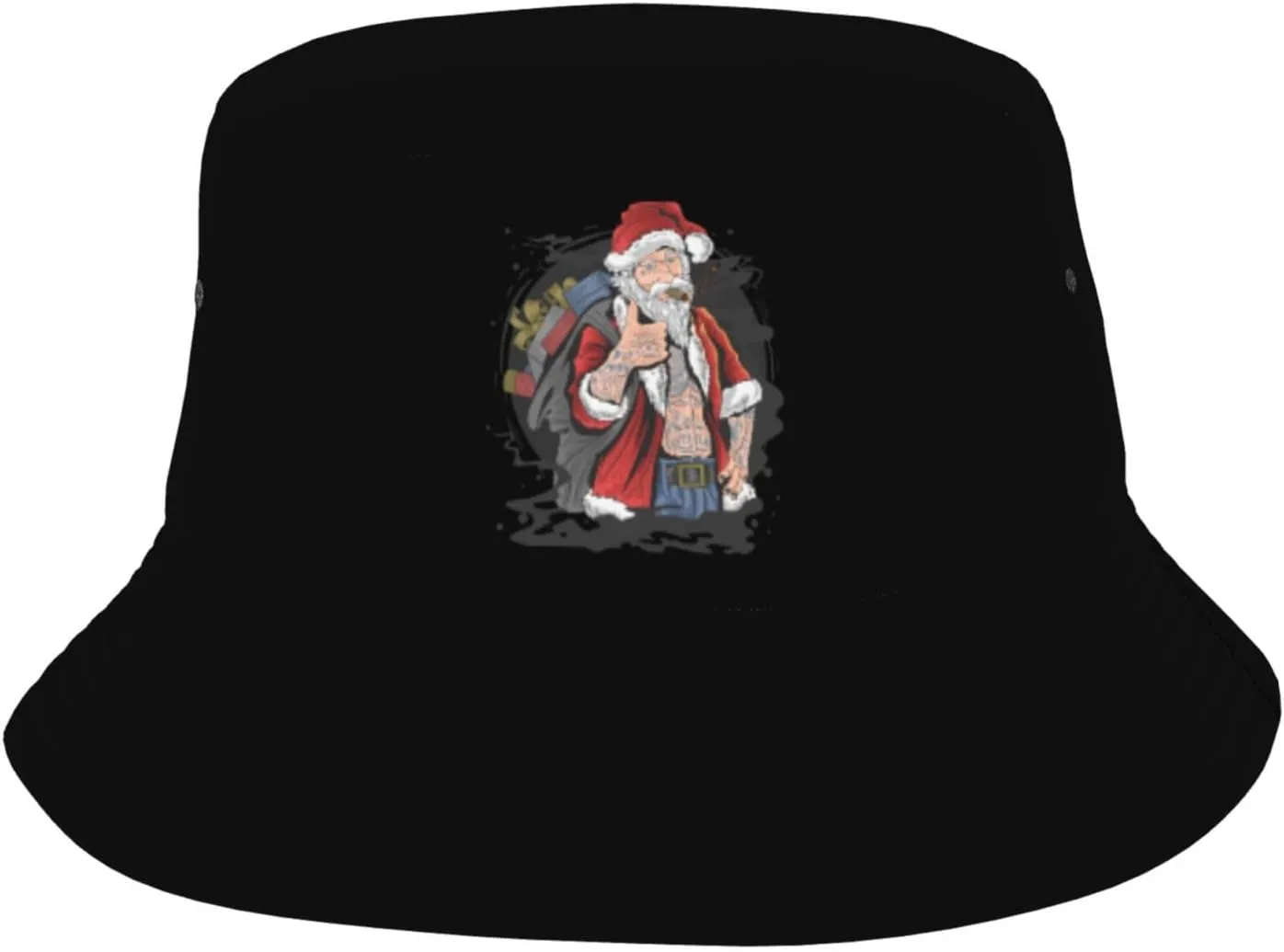 POOEDSO Smoking Santa Carrying A Gift Bag with A Thumbs Up Bucket Hat for Men Women Outdoor Summer Beach Travel Fishing Cap Black